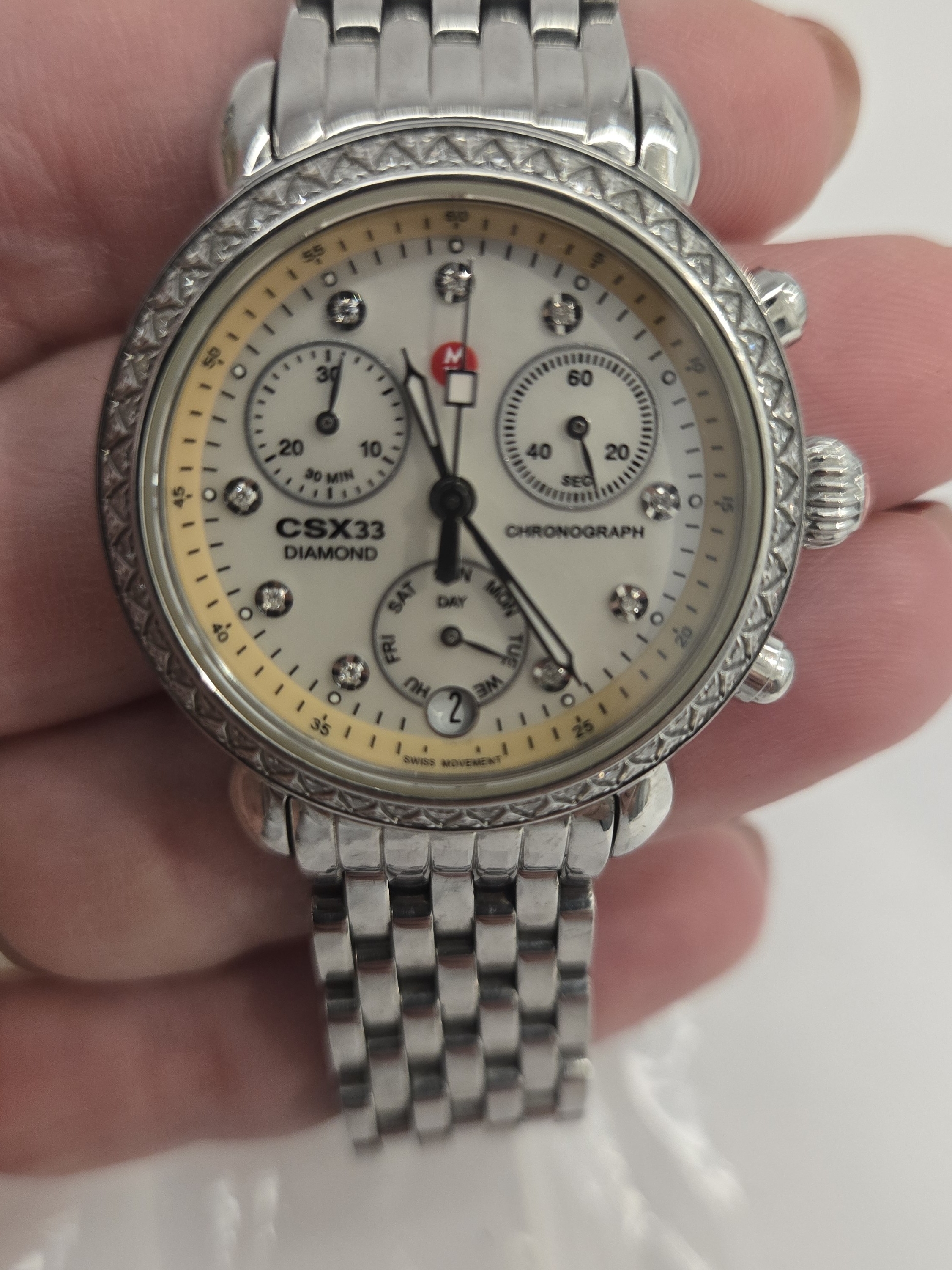 Diamond Chronograph Mens Watch Silver Case With Cream Dial